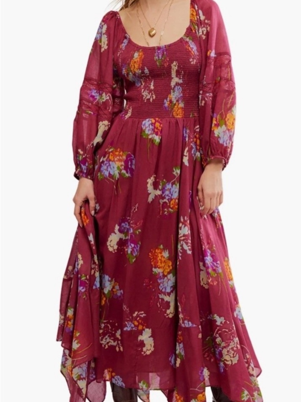 NWT! Free People Morning Glory Floral Smocked Long Sleeve Maxi Dress In Red
